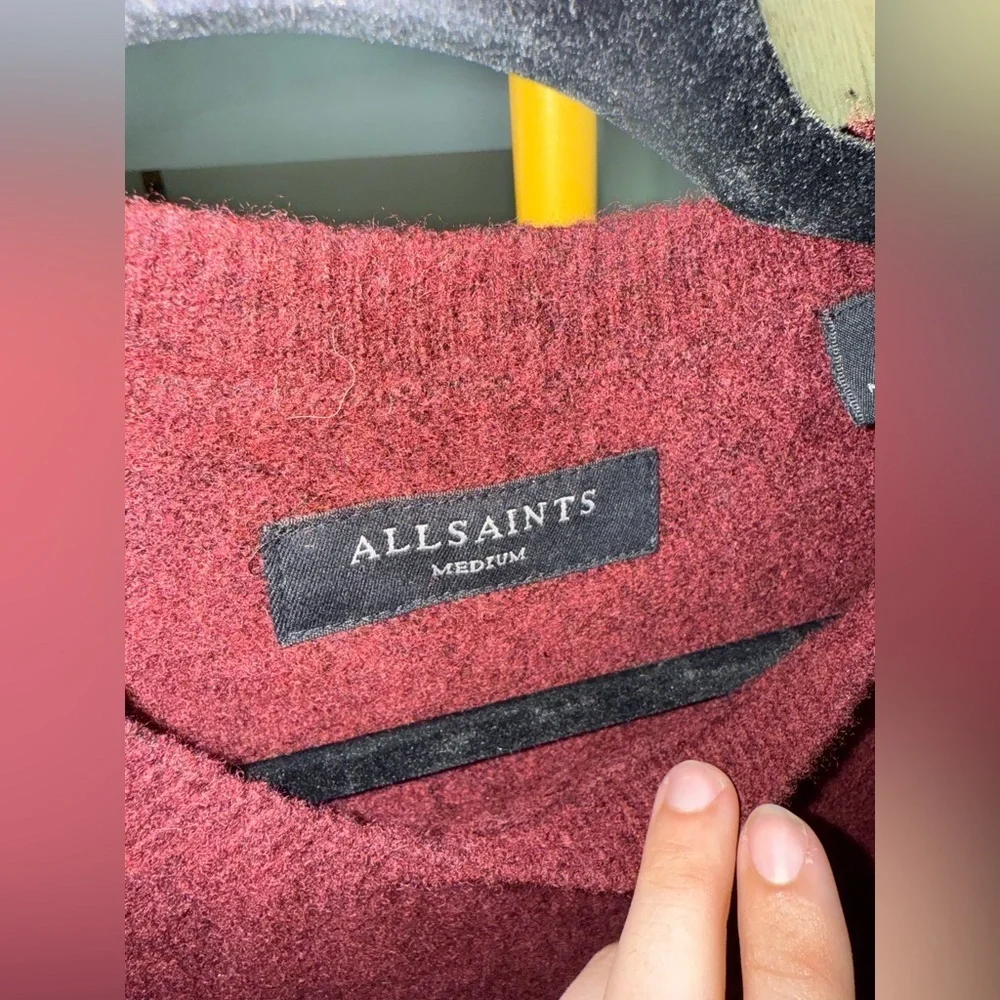 All Saints Men’s Patern Wool Crewneck Sweater in Tinted Red Size Medium